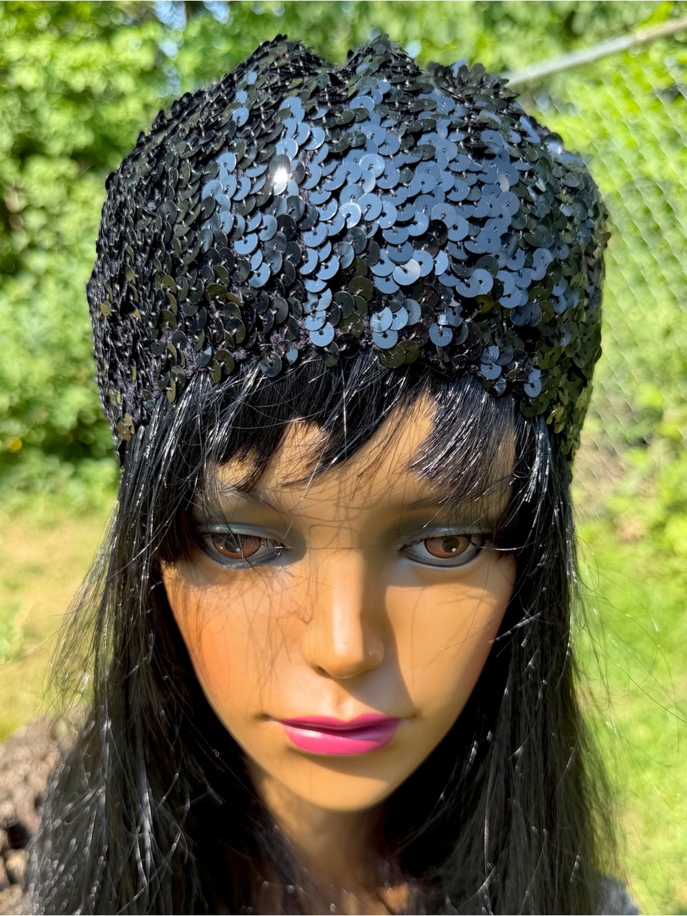1970s BLACK SEQUINED HAT Sparkly Vintage Disco Beret Stretchy Party Glam Sequin